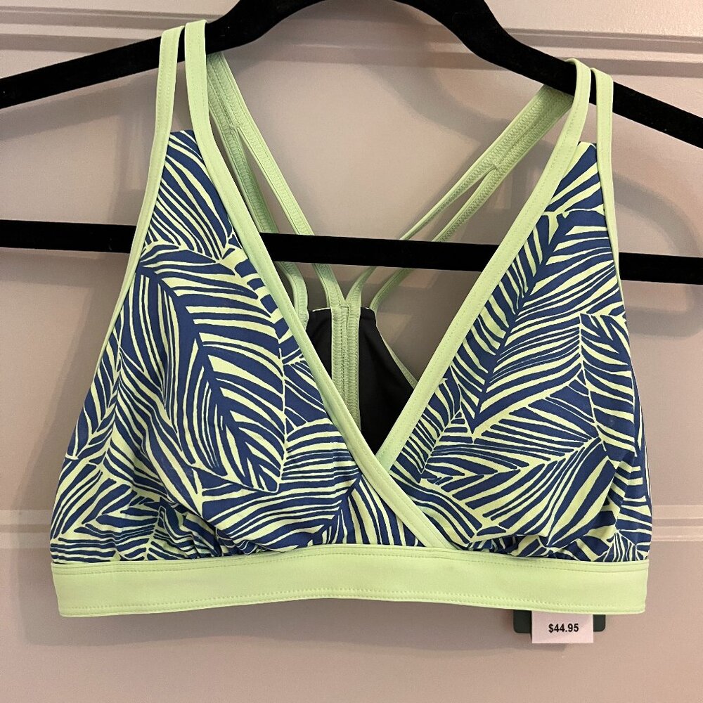NWT LL Bean Swim V Neck Bikini Top Size 4 Regular Green & Blue print